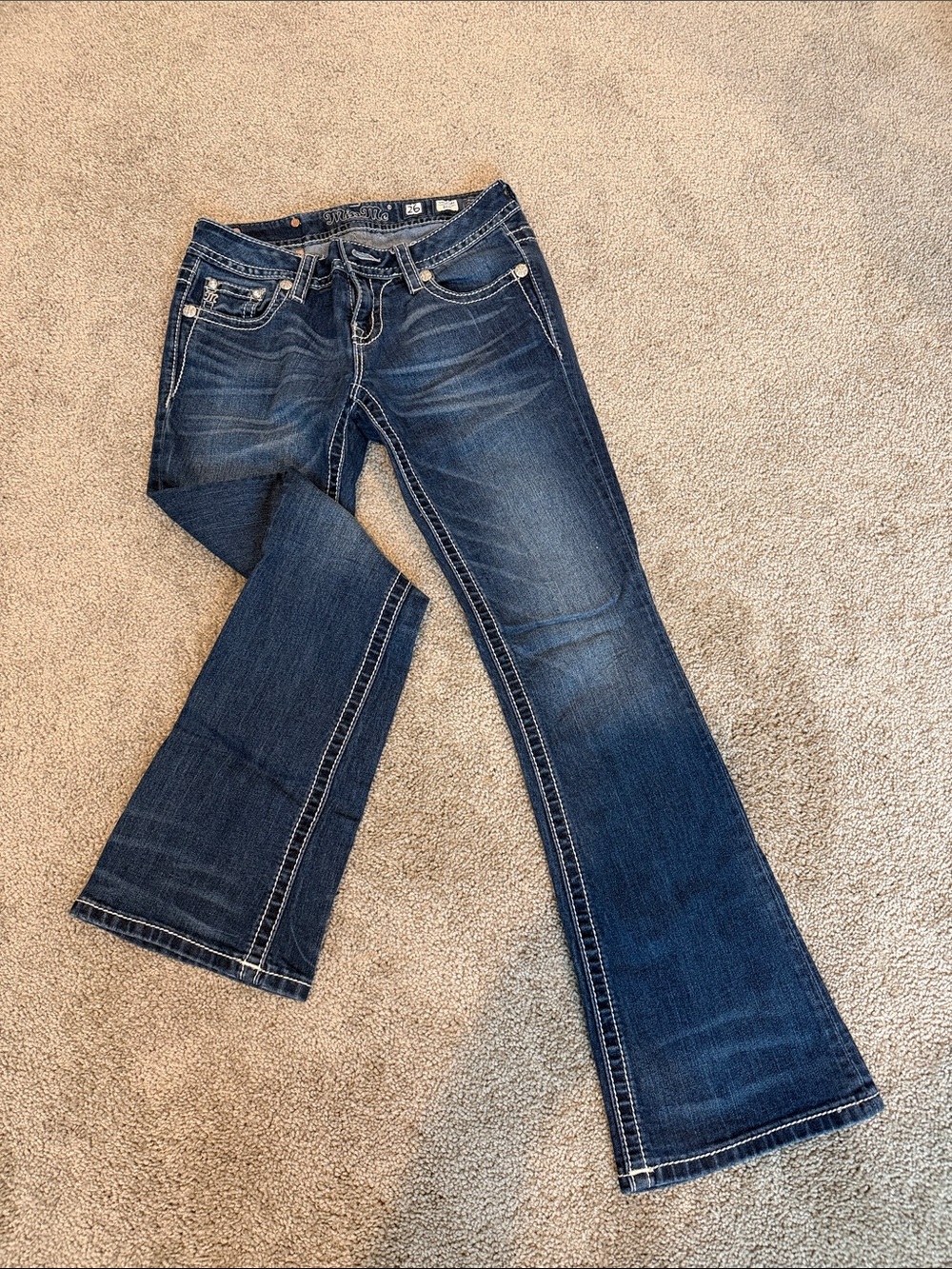 Miss Me Dark Blue Flare Jeans with Contrast Stitching